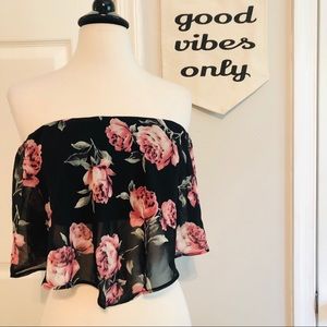 Glamorous Floral Print Strapless Crop Top, XS